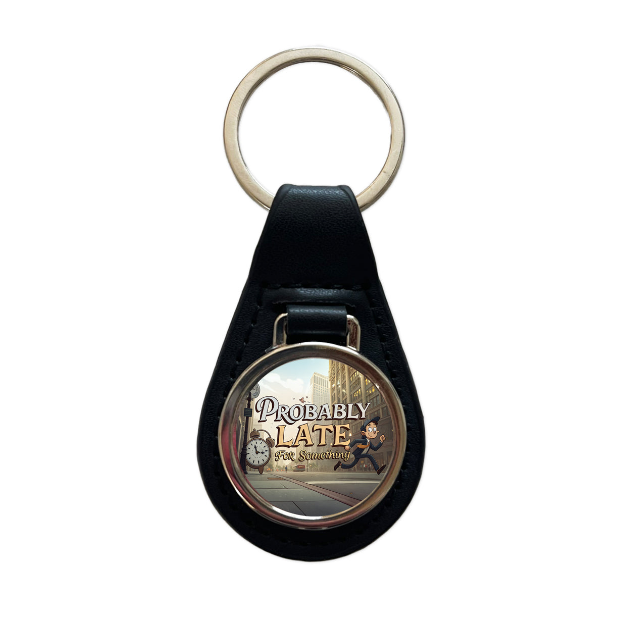 Probably Late For Something Funny Black Leather Metal Keychain