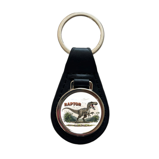 Raptor Dinosaur Cartoon Black Leather Metal Keychain