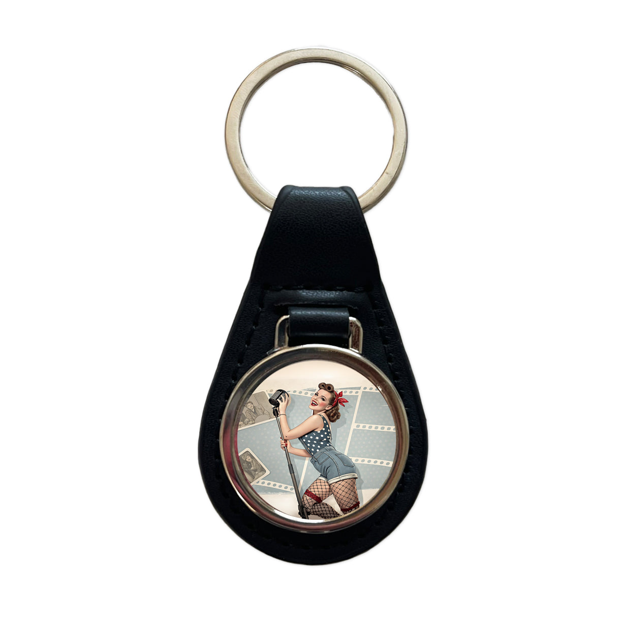Rockabilly Retro 50's Pin-Up Girl Black Leather Metal Keychain