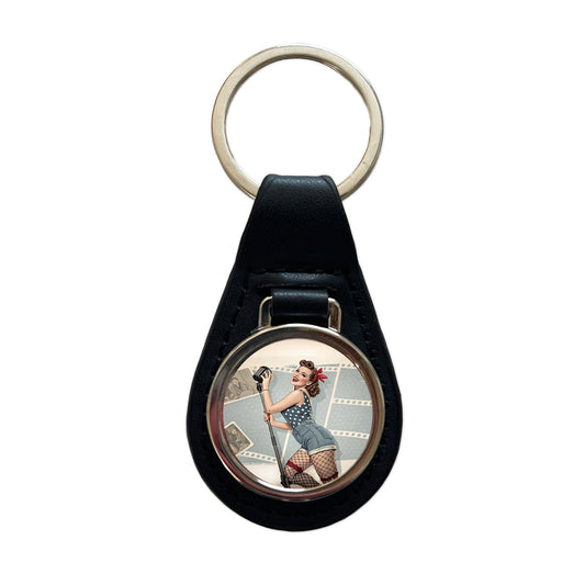 Rockabilly Retro 50's Pin-Up Girl Black Leather Metal Keychain