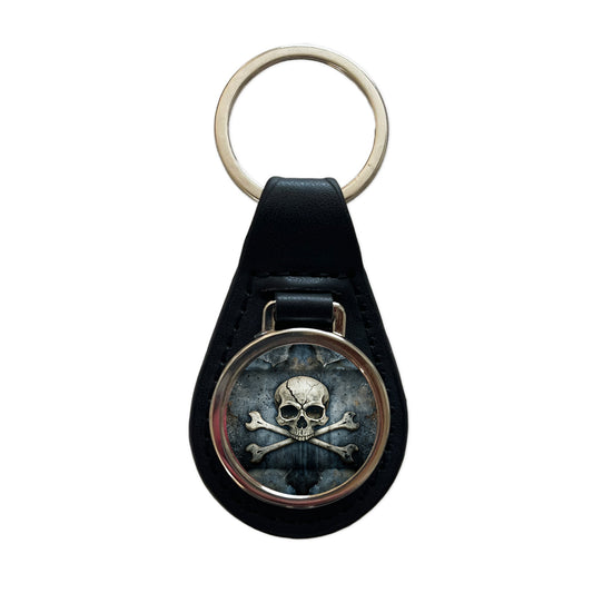 Rustic Skull And Crossbones Pirate Jolly Roger Black Leather Metal Keychain
