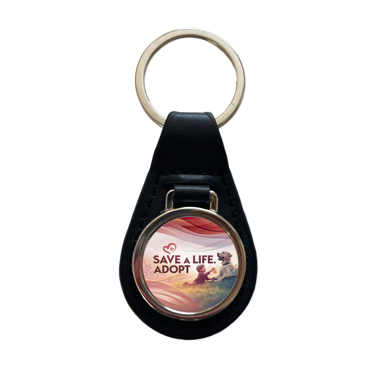 Save A Life Adopt Pet Rescue Adoption Black Leather Metal Keychain