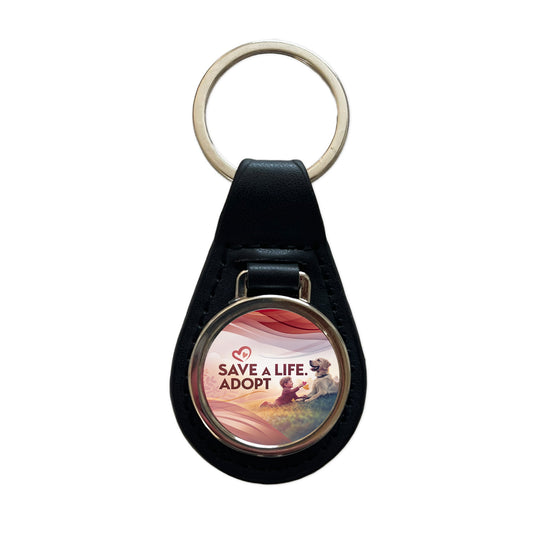 Save A Life Adopt Pet Rescue Adoption Black Leather Metal Keychain