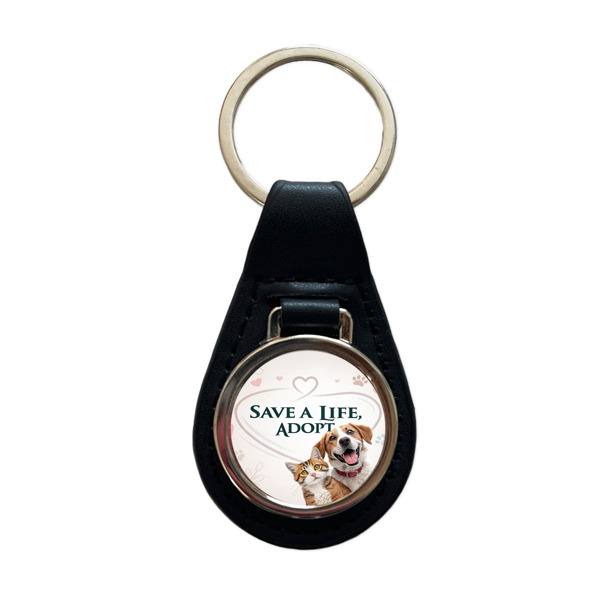 Save A Life Adopt Rescue Pet Dog Cat Black Leather Metal Keychain