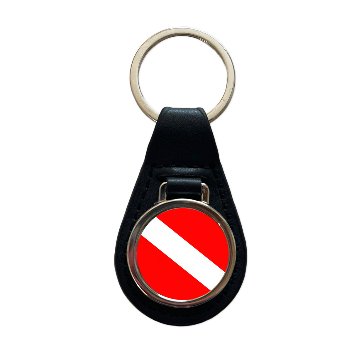Scuba Diving Flag Red White Diver Down Black Leather Metal Keychain