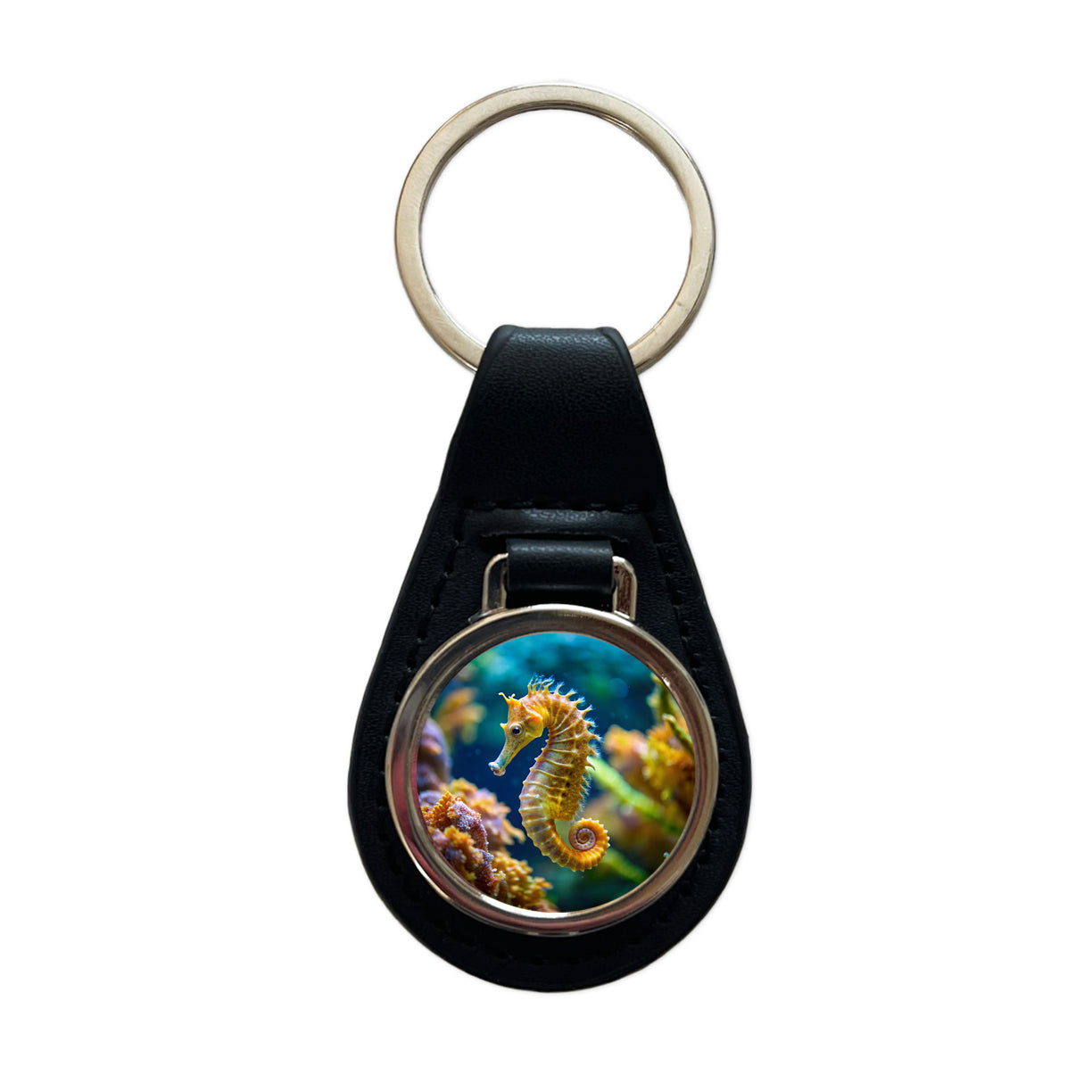 Seahorse in the Ocean Black Leather Metal Keychain