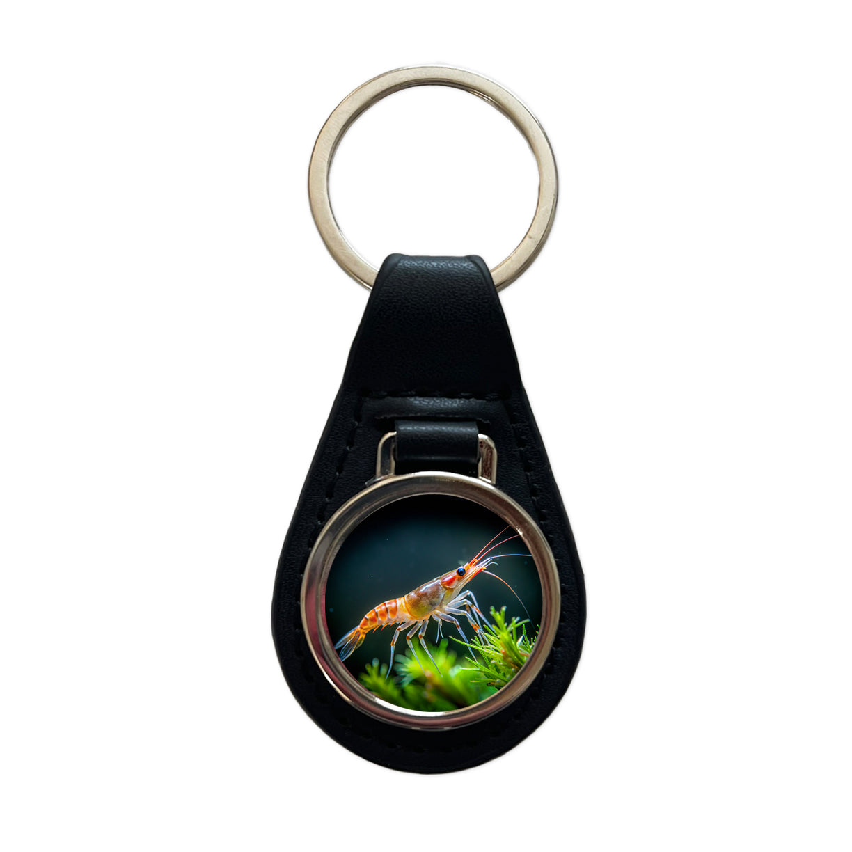 Shrimp Swimming Black Leather Metal Keychain