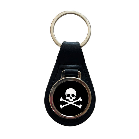 Skull And Crossbones Jolly Roger Pirate Flag Black And White Black Leather Metal Keychain