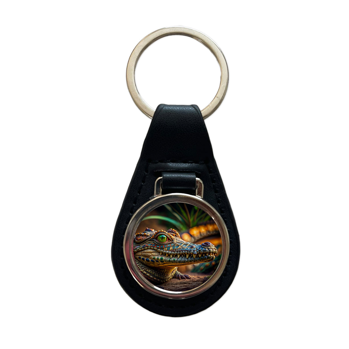 Stylish Colorful Alligator Head Black Leather Metal Keychain