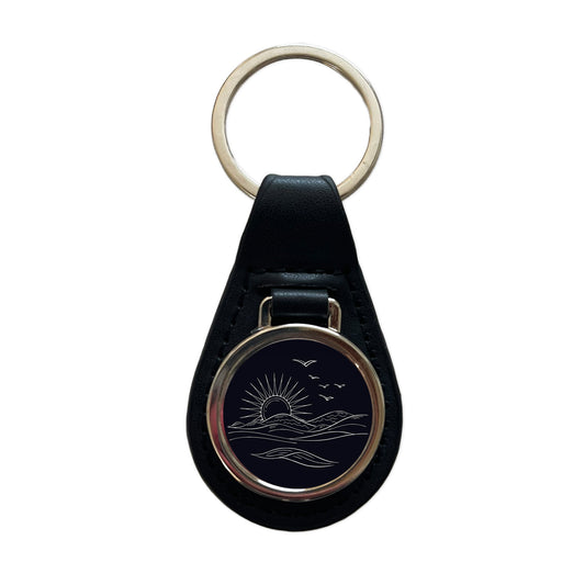 Sunrise And Ocean Wave Outline Illustration Black Leather Metal Keychain