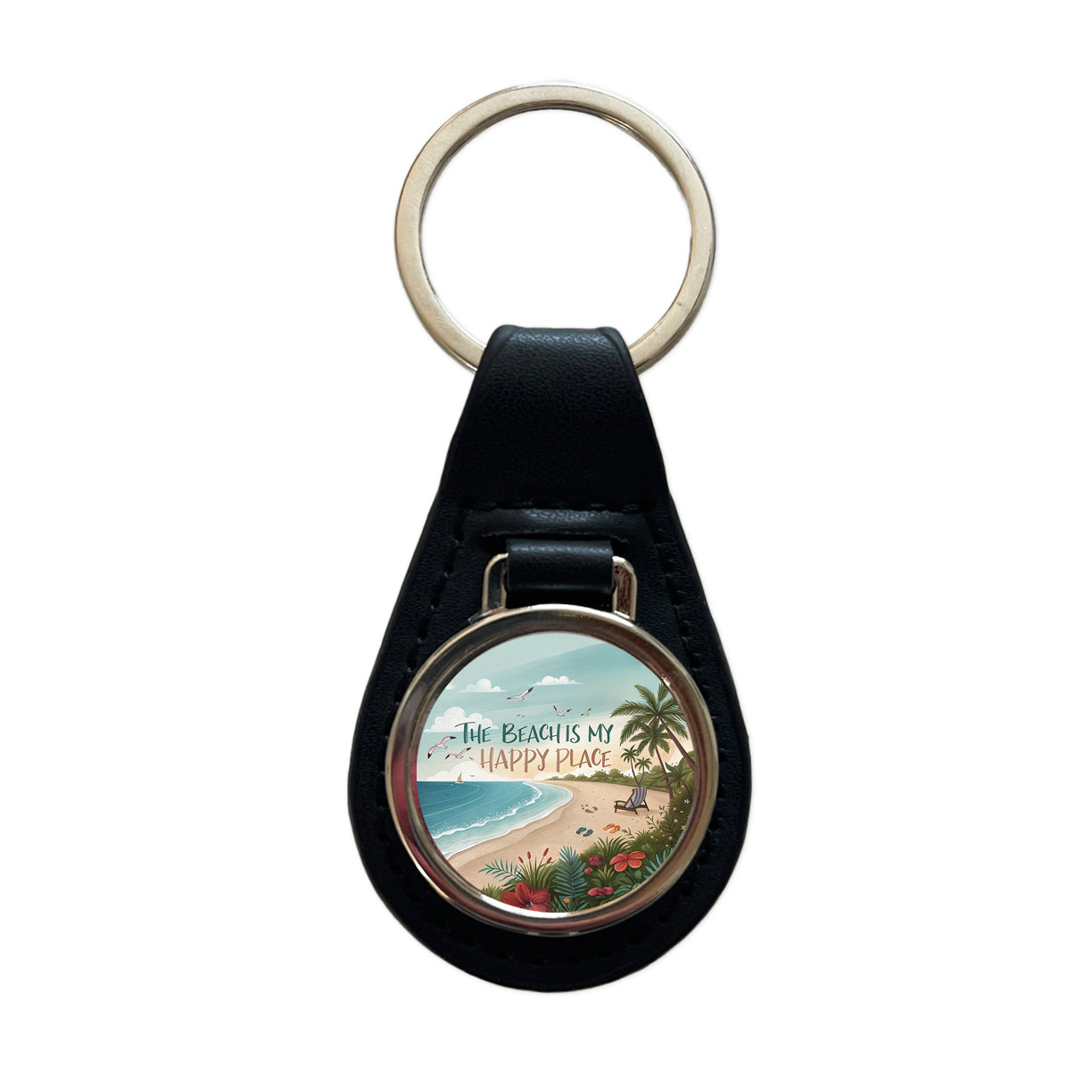 The Beach Is My Happy Place Funny Tropical Black Leather Metal Keychain