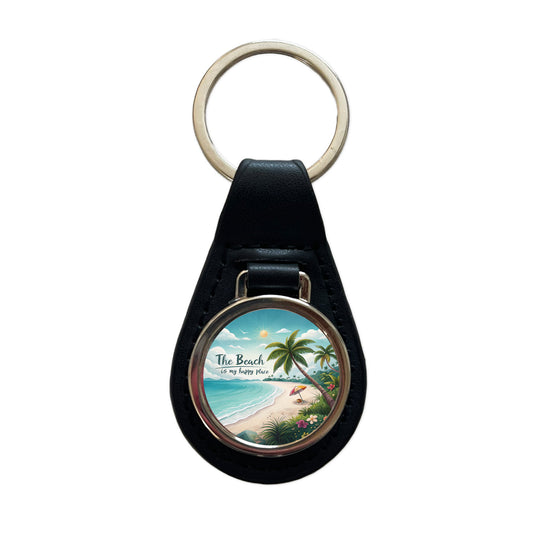 The Beach Is My Happy Place Tropical Black Leather Metal Keychain