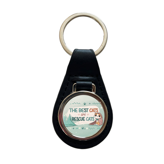 The Best Cats Are Rescue Cats Adopt Black Leather Metal Keychain