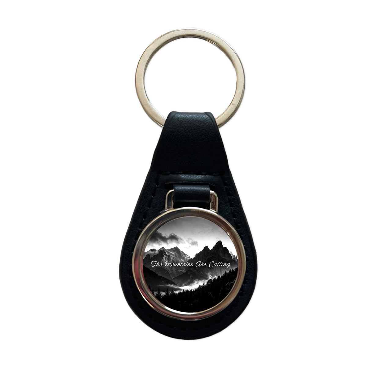 The Mountains Are Calling Adventure Awaits Black Leather Metal Keychain