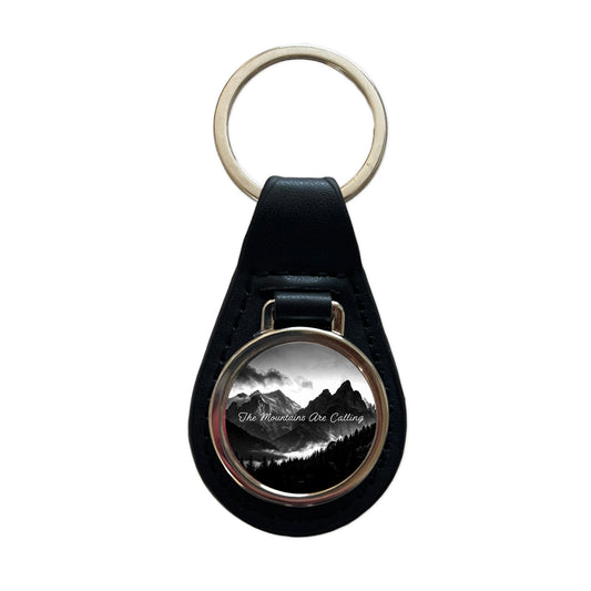 The Mountains Are Calling Adventure Awaits Black Leather Metal Keychain