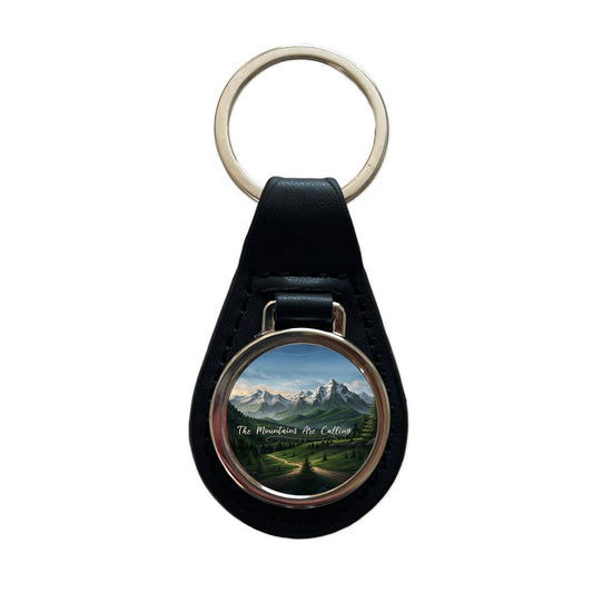 The Mountains Are Calling Hiking Camping Outdoors Adventure Black Leather Metal Keychain