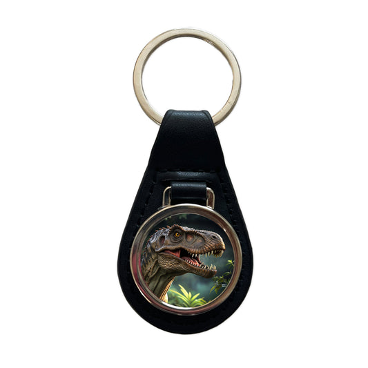Tyrannosaurus T-Rex Dinosaur Head Black Leather Metal Keychain