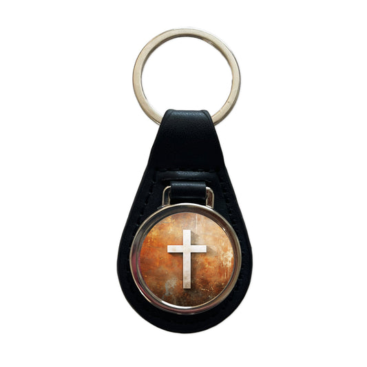 White Cross On Rusty Rustic Background Religious Black Leather Metal Keychain