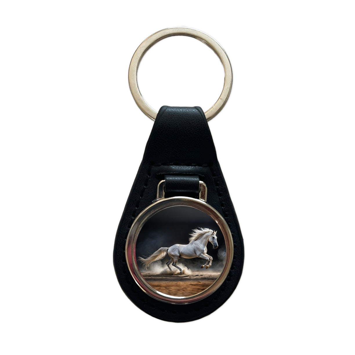 White Horse Galloping Black Leather Metal Keychain