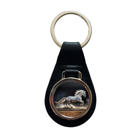 White Horse Galloping Black Leather Metal Keychain