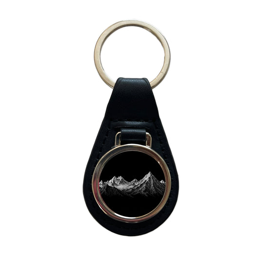 White Mountains On Black Outdoors Hiking Camping Black Leather Metal Keychain