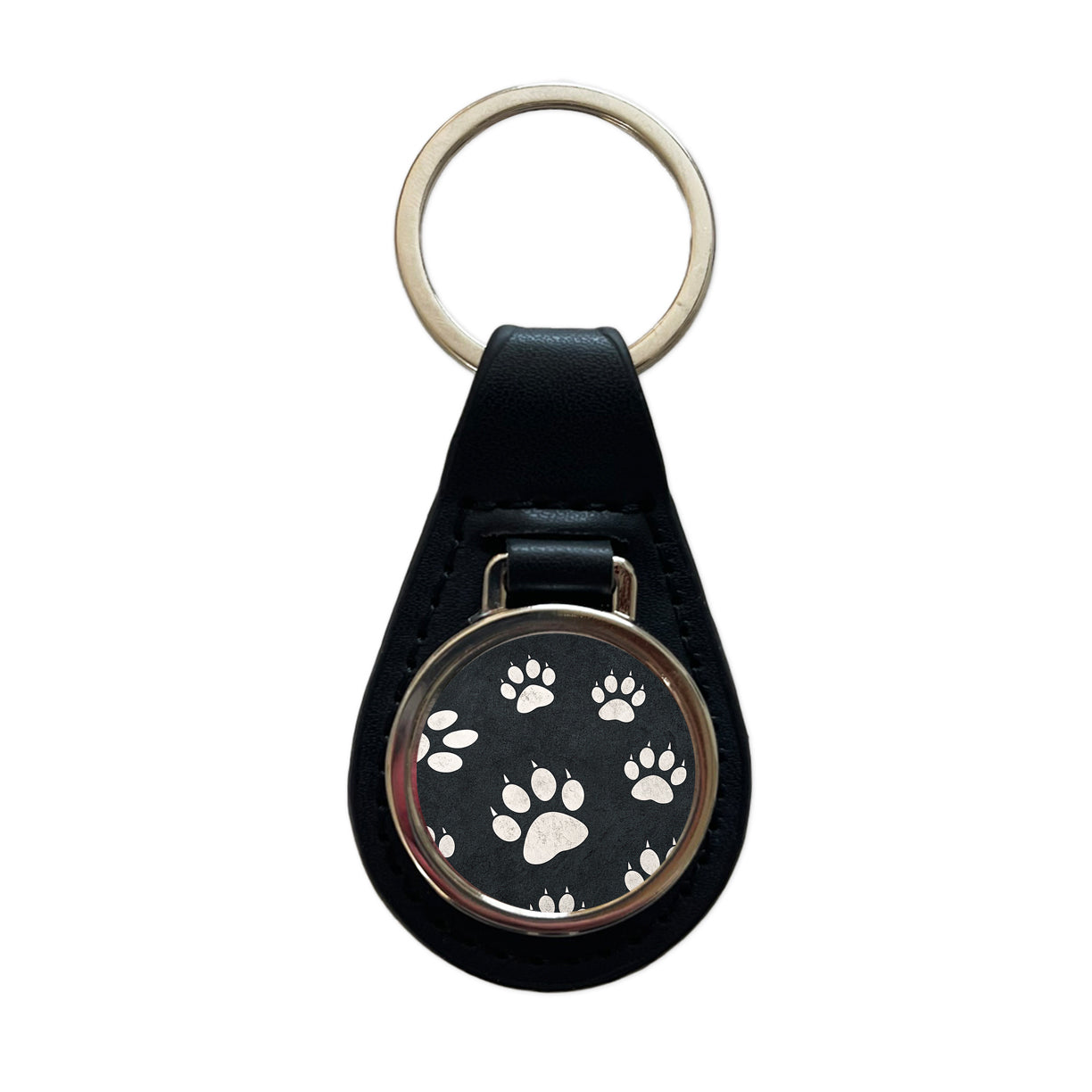 White Paw Prints On Black Pattern Black Leather Metal Keychain