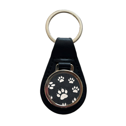 White Paw Prints On Black Pattern Black Leather Metal Keychain