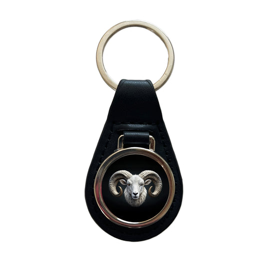 White Ram Head Black Leather Metal Keychain