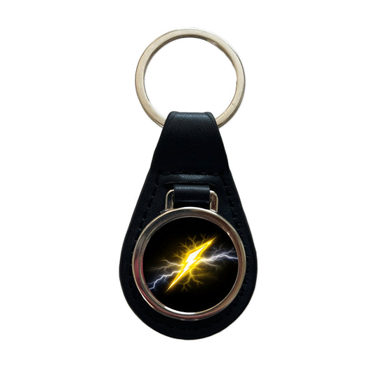 Yellow and White Lightning Bolt On Black Black Leather Metal Keychain