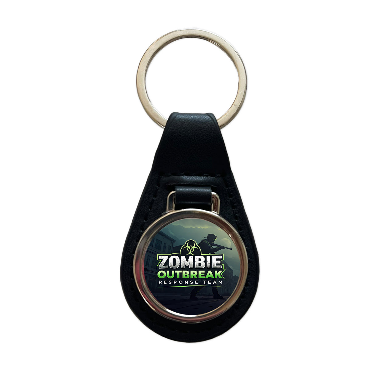 Zombie Outbreak Response Team Biohazard Design Black Leather Metal Keychain