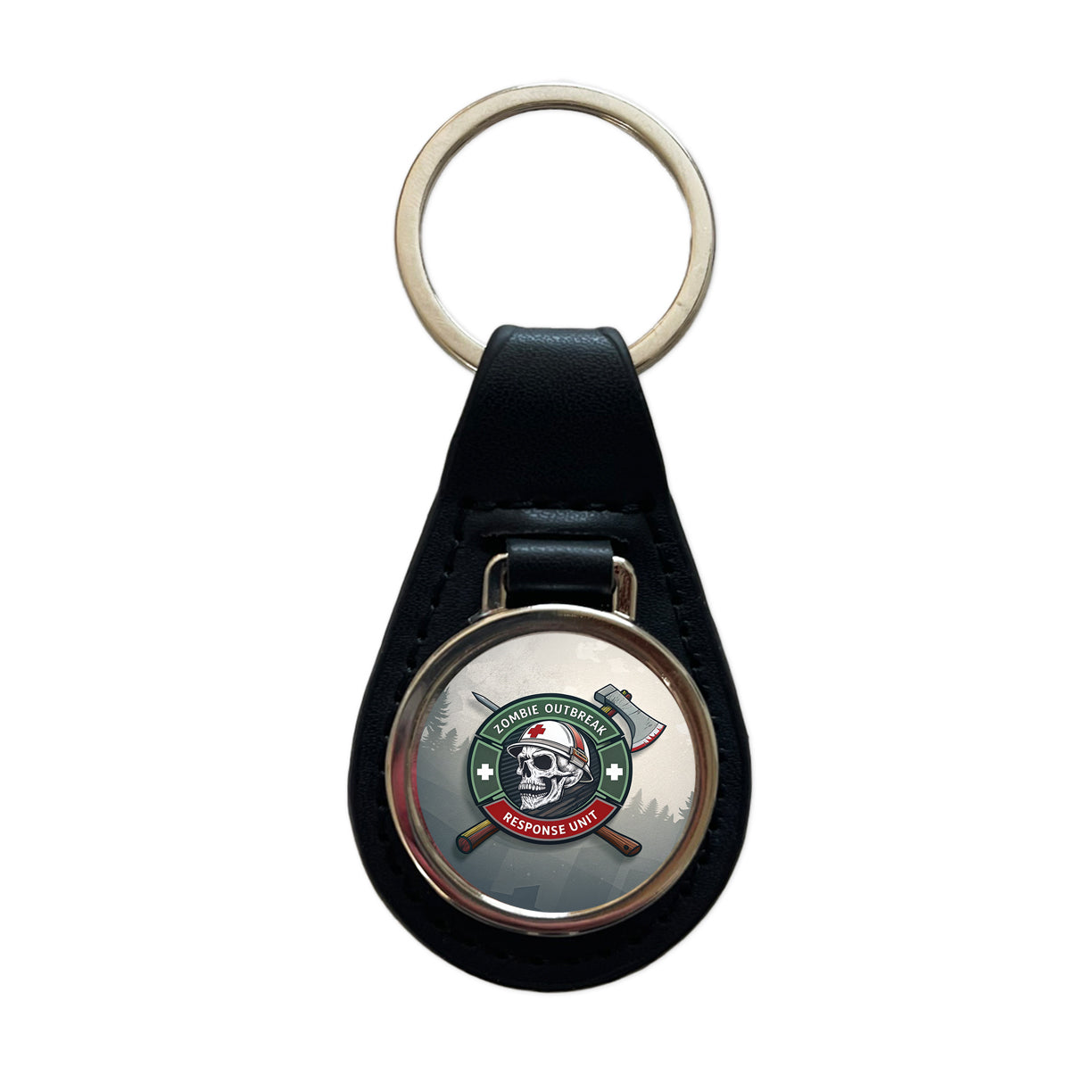 Zombie Outbreak Response Unit Skull Black Leather Metal Keychain
