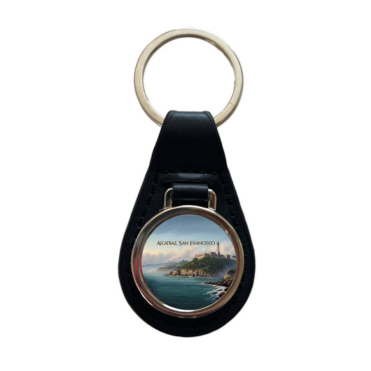 Alcatraz Prison Island San Francisco Black Leather Metal Keychain