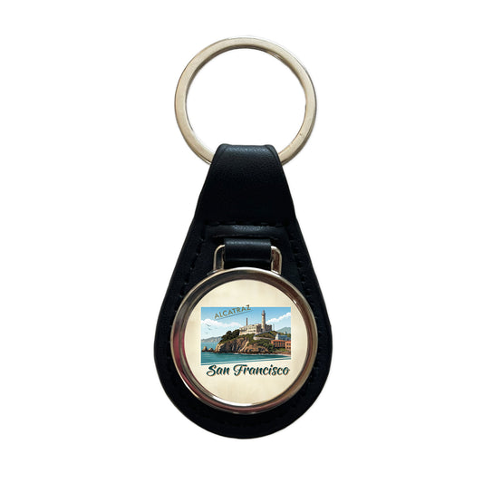 Alcatraz San Francisco Prison Travel Stamp Black Leather Metal Keychain