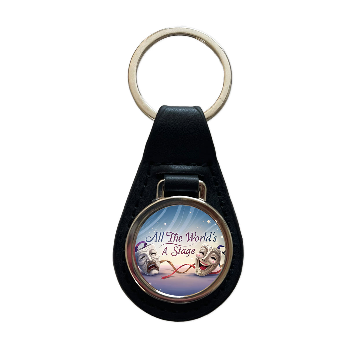 All The World's a Stage Theater Drama Masks Black Leather Metal Keychain