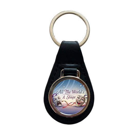 All The World's a Stage Theater Drama Masks Black Leather Metal Keychain