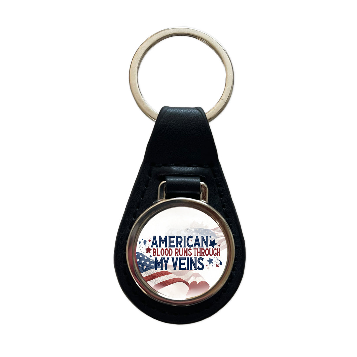 American Blood Runs Through My Veins Black Leather Metal Keychain