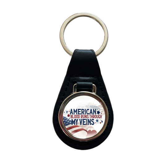 American Blood Runs Through My Veins Black Leather Metal Keychain