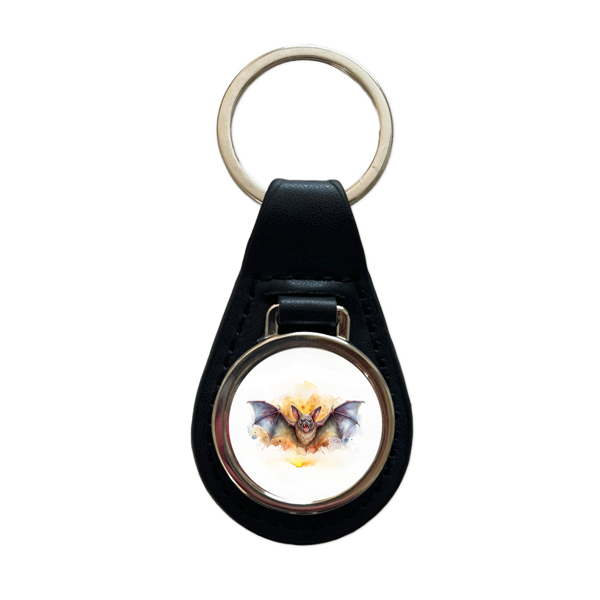 Angry Bat Watercolor Black Leather Metal Keychain