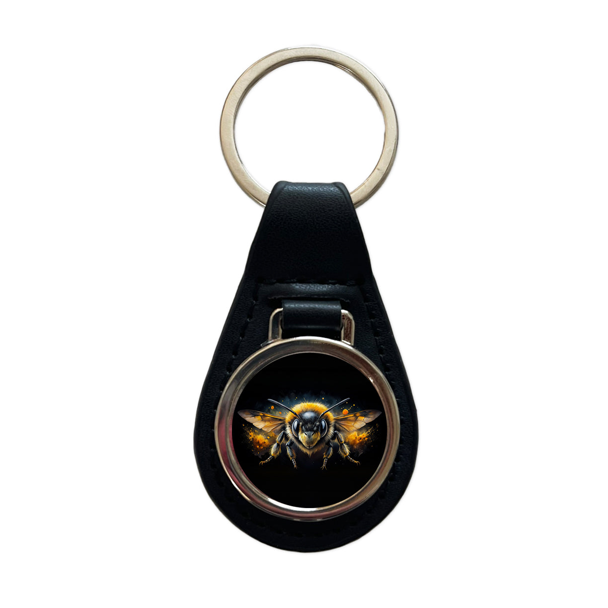 Angry Bumblebee Watercolor Black Leather Metal Keychain