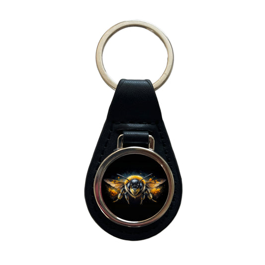 Angry Bumblebee Watercolor Black Leather Metal Keychain