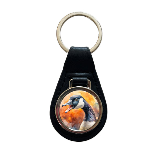 Angry Canadian Canada Goose Watercolor Black Leather Metal Keychain