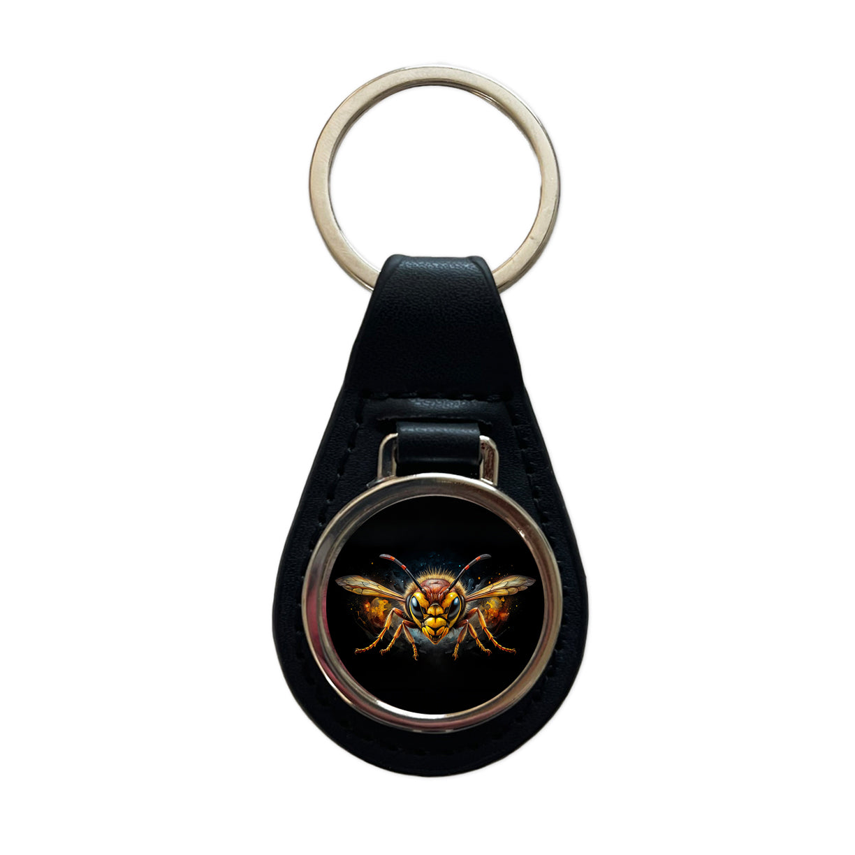 Angry Hornet Watercolor Black Leather Metal Keychain