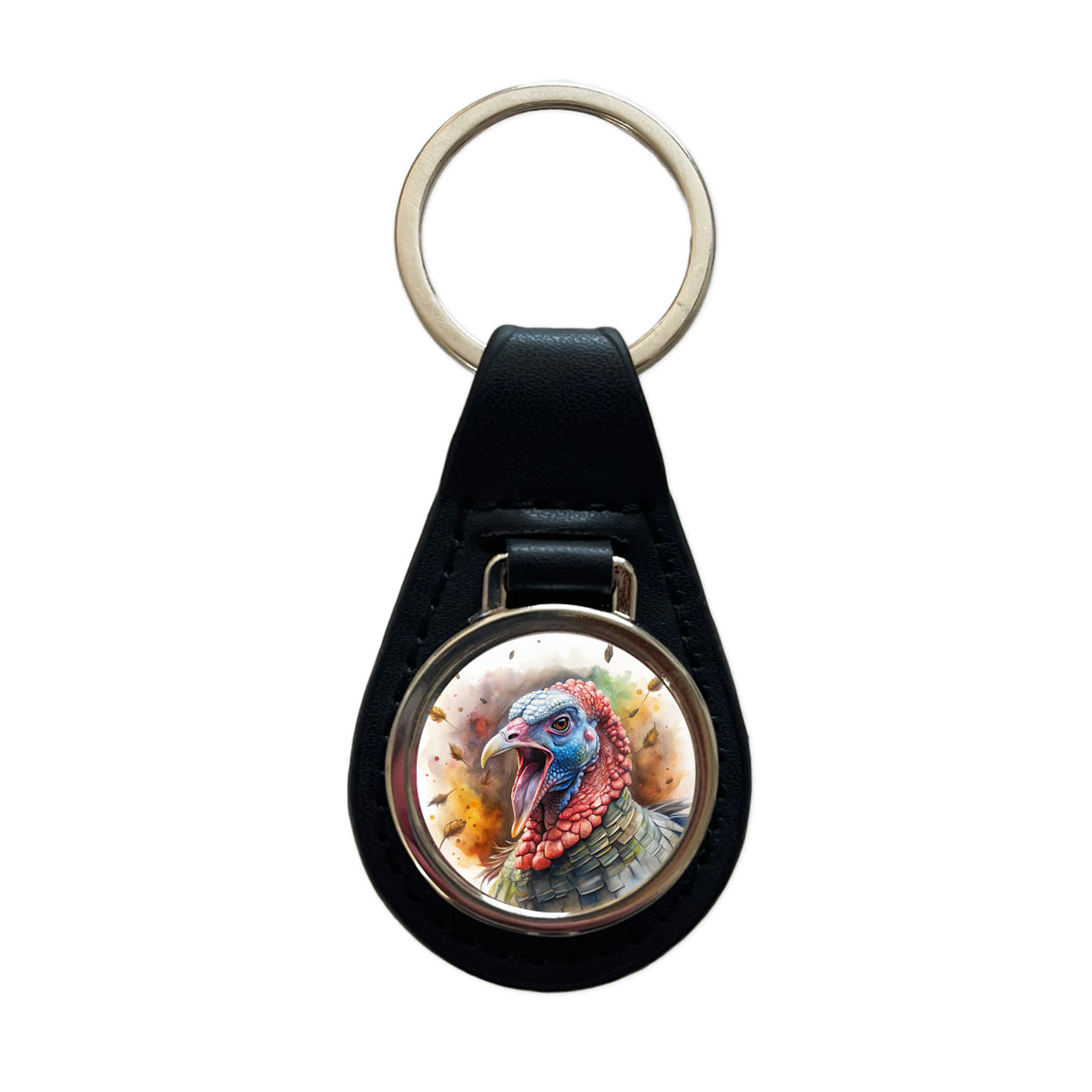Angry Male Tom Gobbler Turkey Watercolor Black Leather Metal Keychain