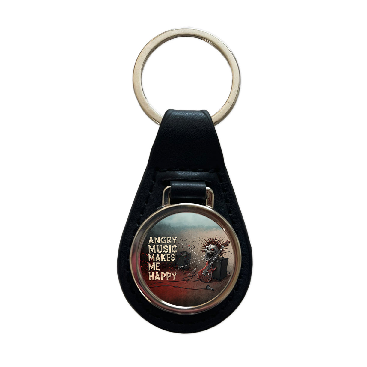 Angry Music Makes Me Happy Heavy Metal Rock and Roll Black Leather Metal Keychain