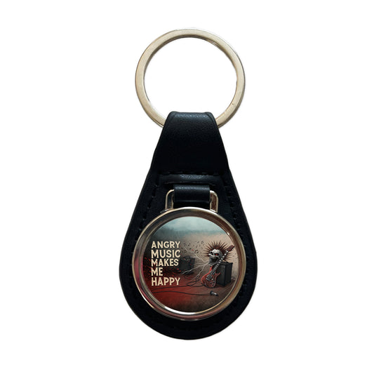 Angry Music Makes Me Happy Heavy Metal Rock and Roll Black Leather Metal Keychain
