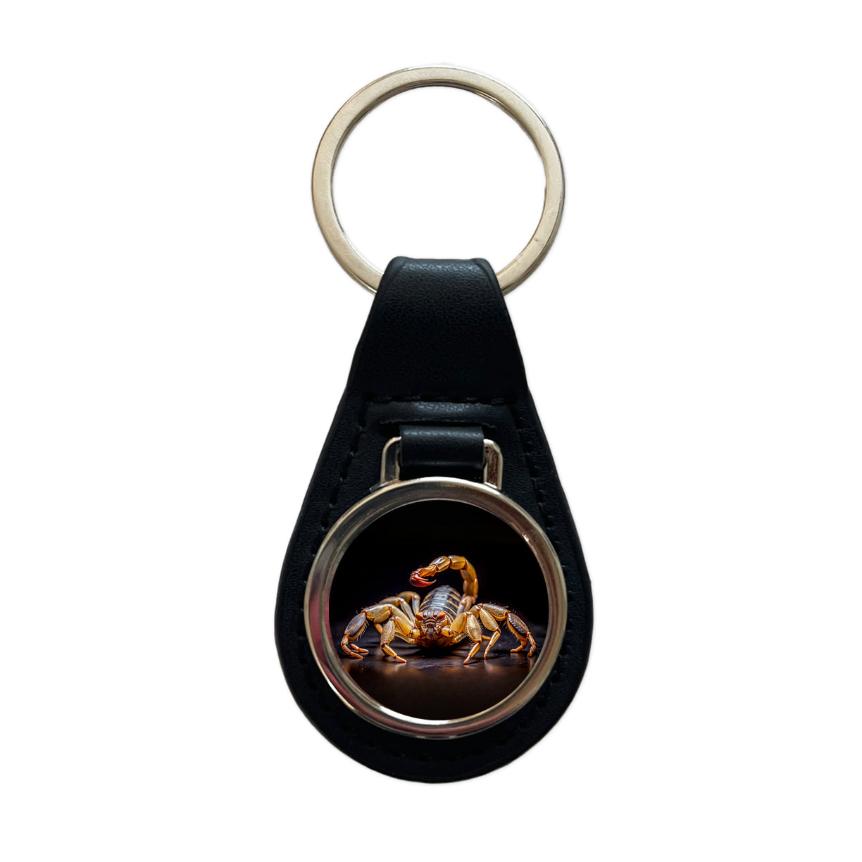 Angry Scorpion Black Background Black Leather Metal Keychain