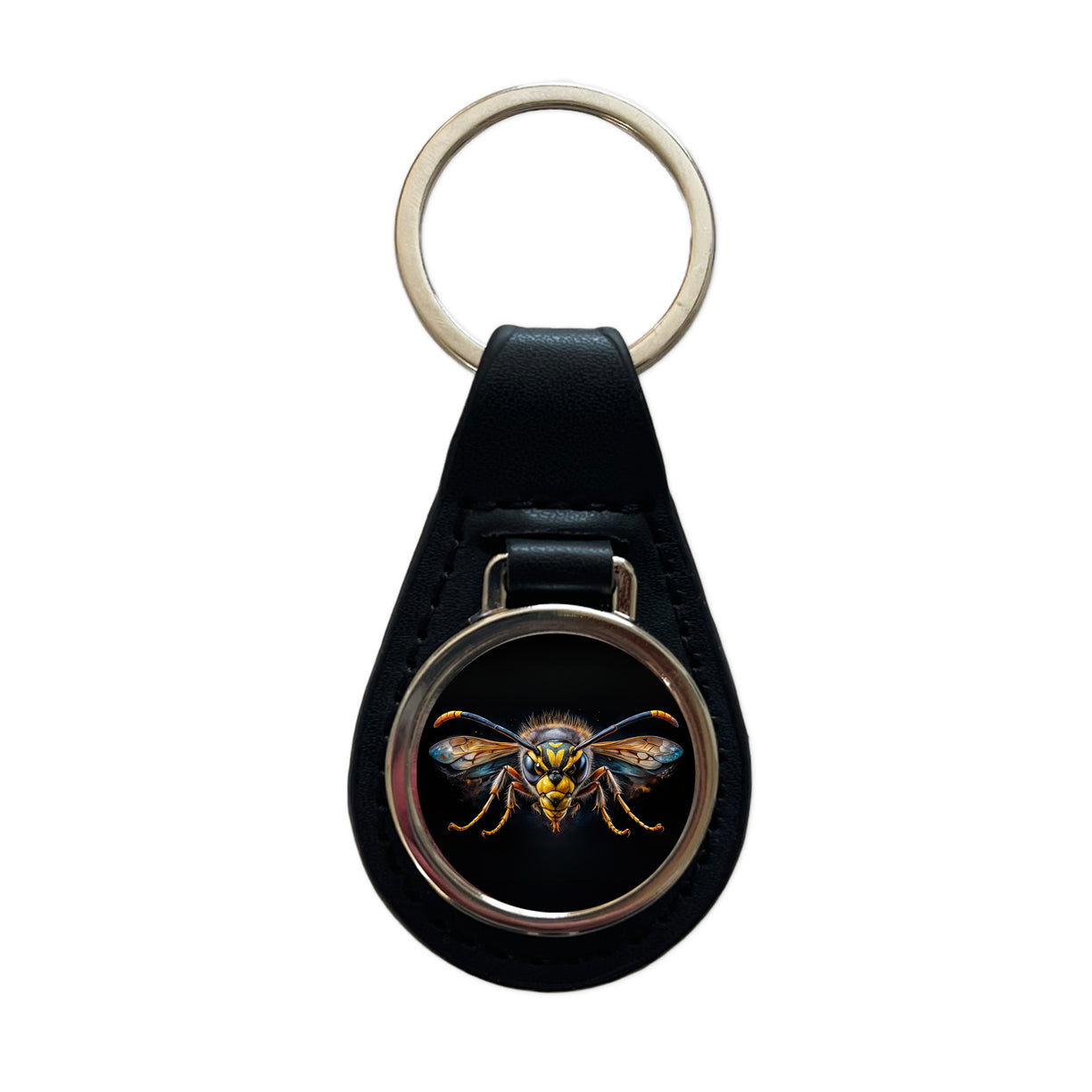 Angry Wasp Watercolor Black Leather Metal Keychain
