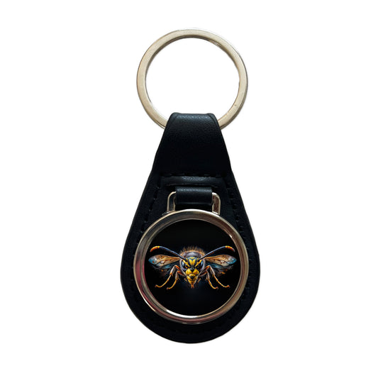 Angry Wasp Watercolor Black Leather Metal Keychain