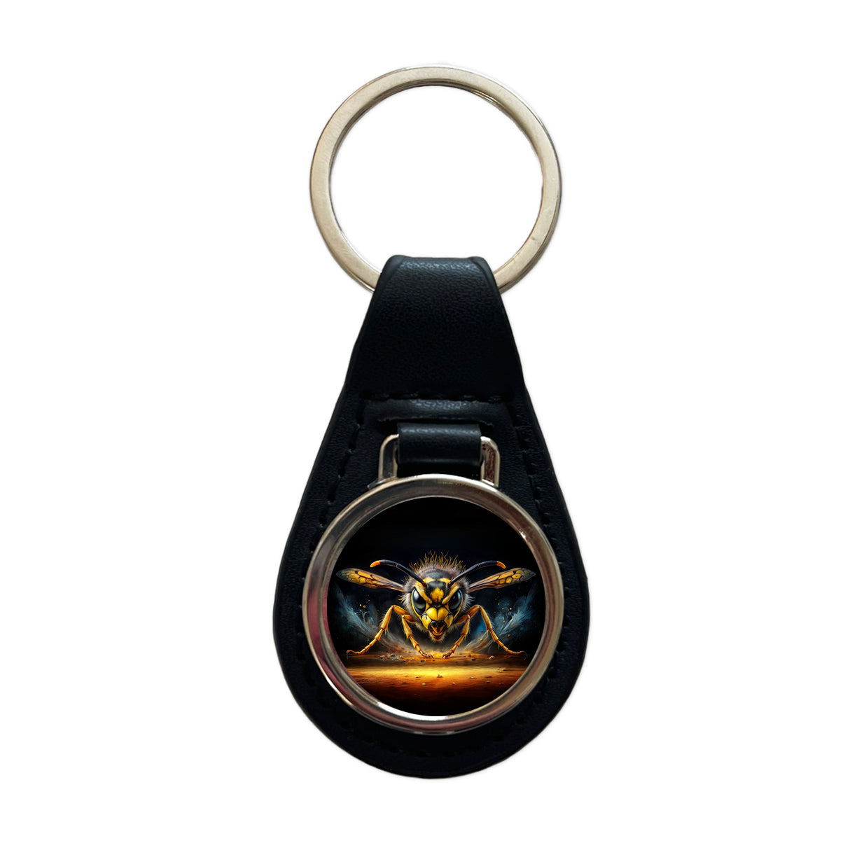 Angry Yellowjacket Watercolor Black Leather Metal Keychain