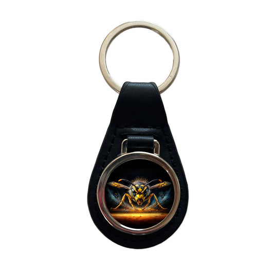 Angry Yellowjacket Watercolor Black Leather Metal Keychain
